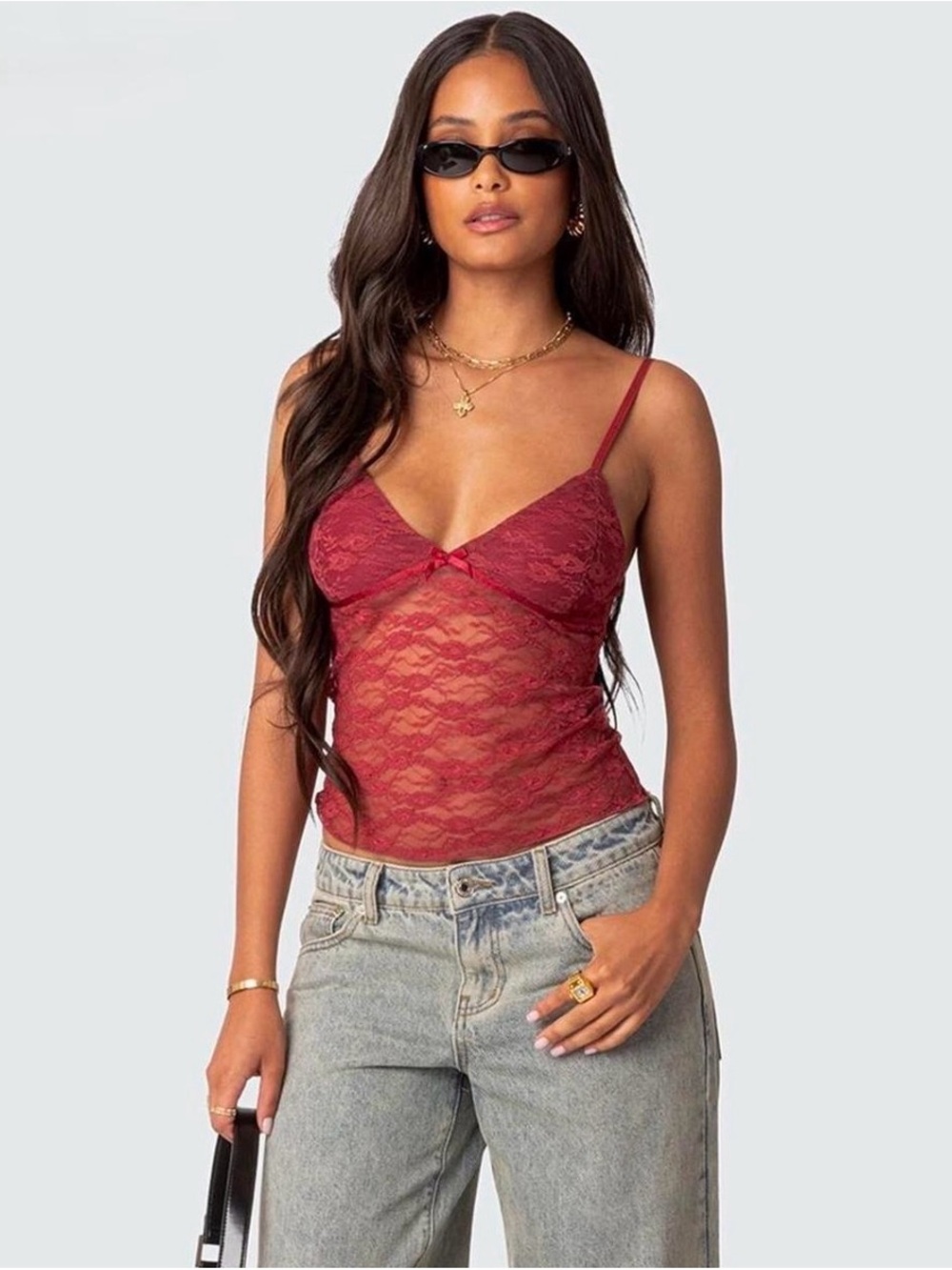 Edikted Sheer Lace Cami Tank Top - Red